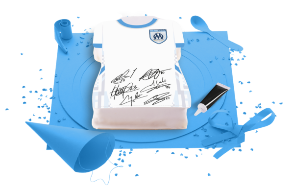 [Visuel du gâteau Olympique Marseille représentant le maillot de l'équipe]